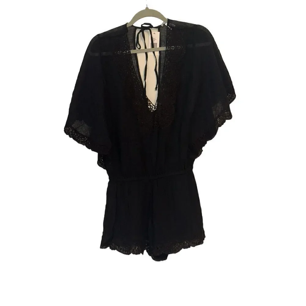 Eberjey Women's Sol Liberty Lace Trimmed Swim Cover-Up Romper Size S/M Black NWT